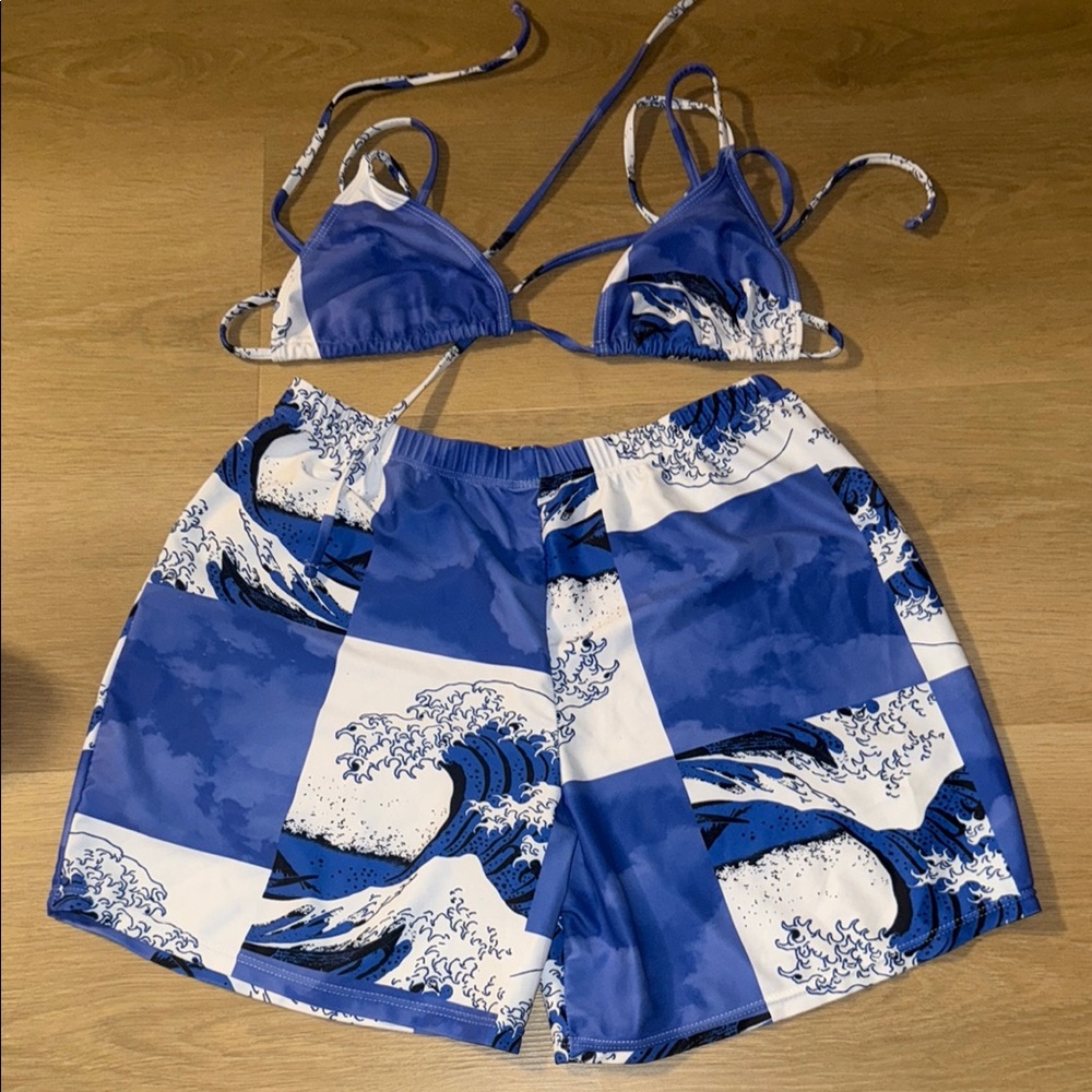 Blue Wave Print Bikini Set